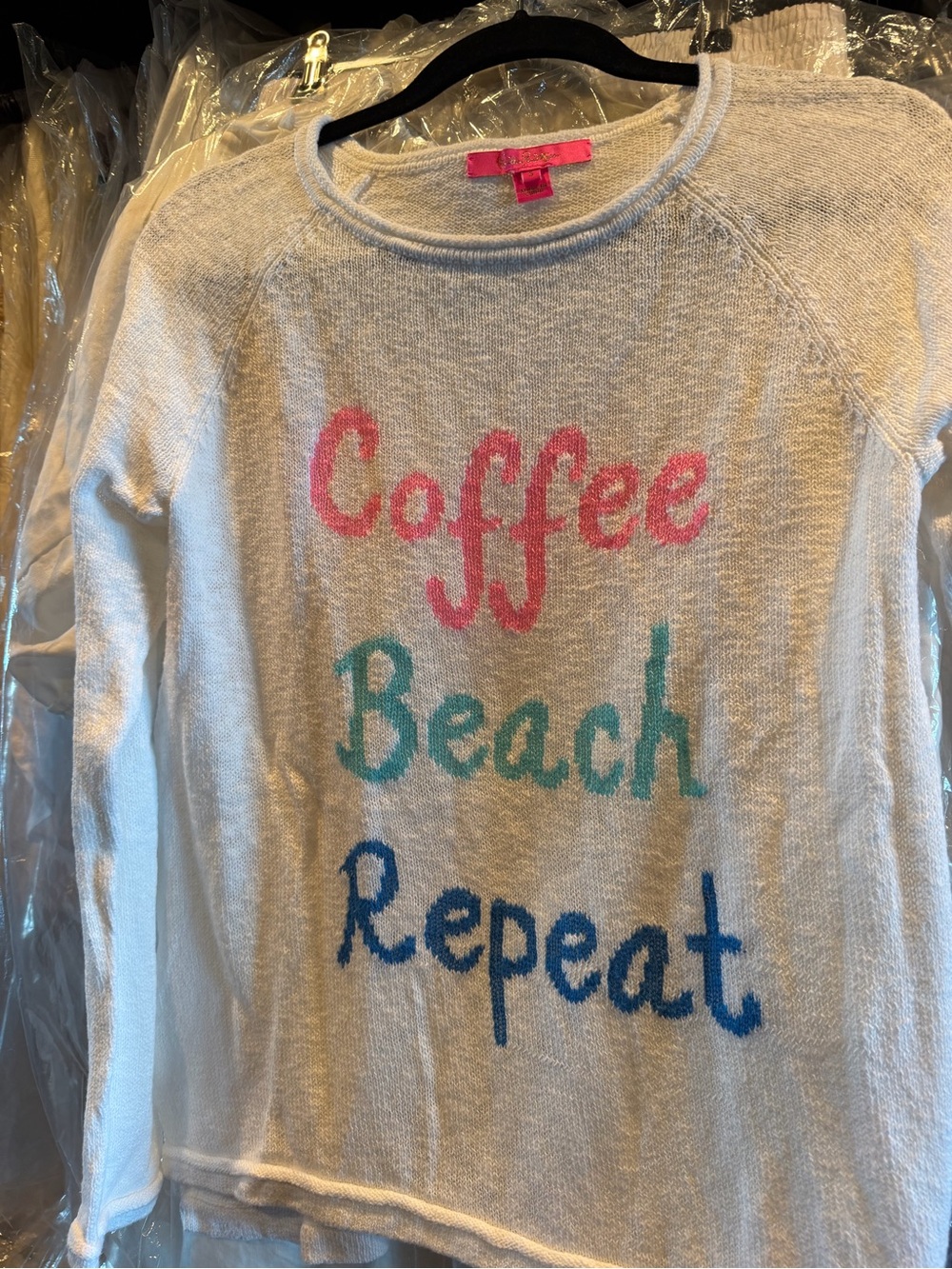 Lilly Pulitzer White Sweater with Coffee Beach Repeat Pink, Teal & Blue Text